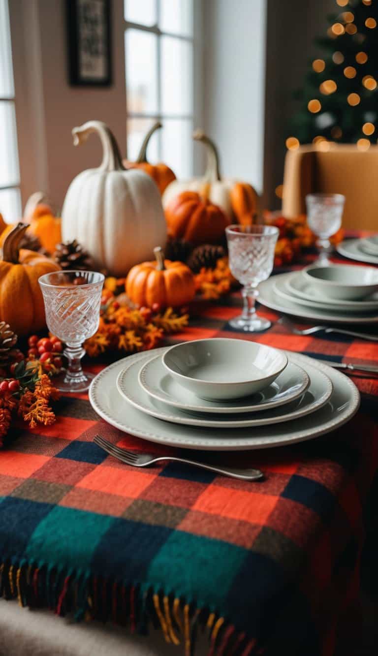 A plaid table throw with autumnal decor and tableware