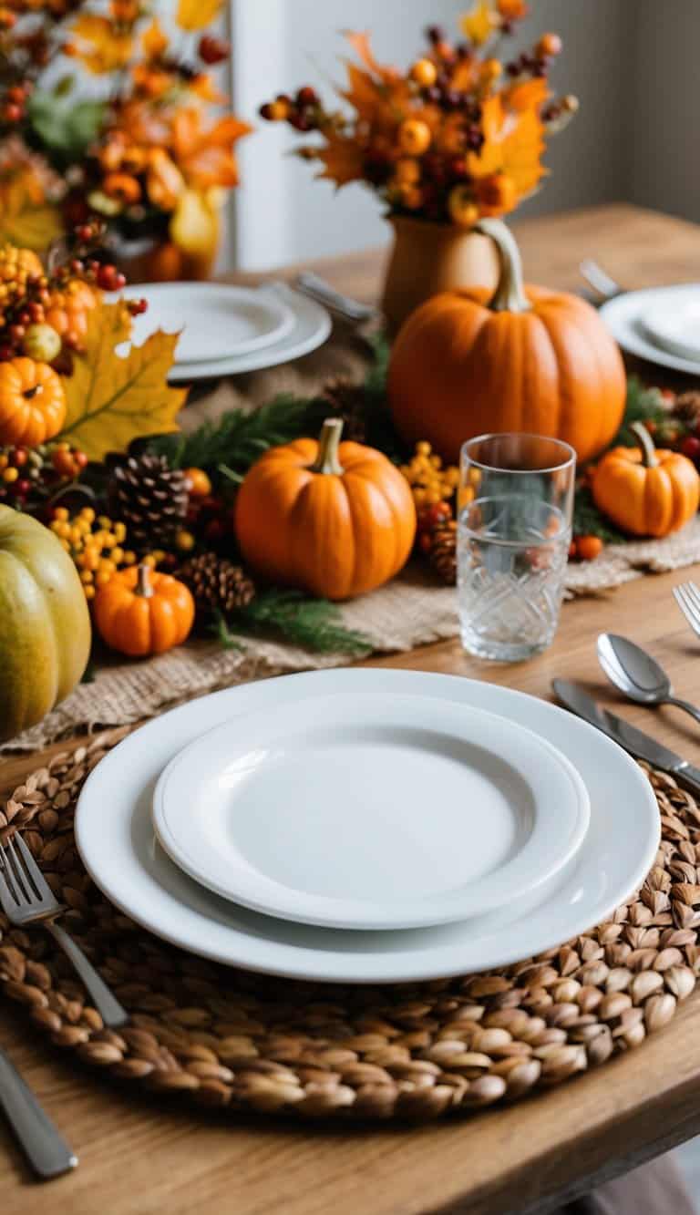 A table set with melamine dinner plates, surrounded by autumn foliage and harvest-inspired decor