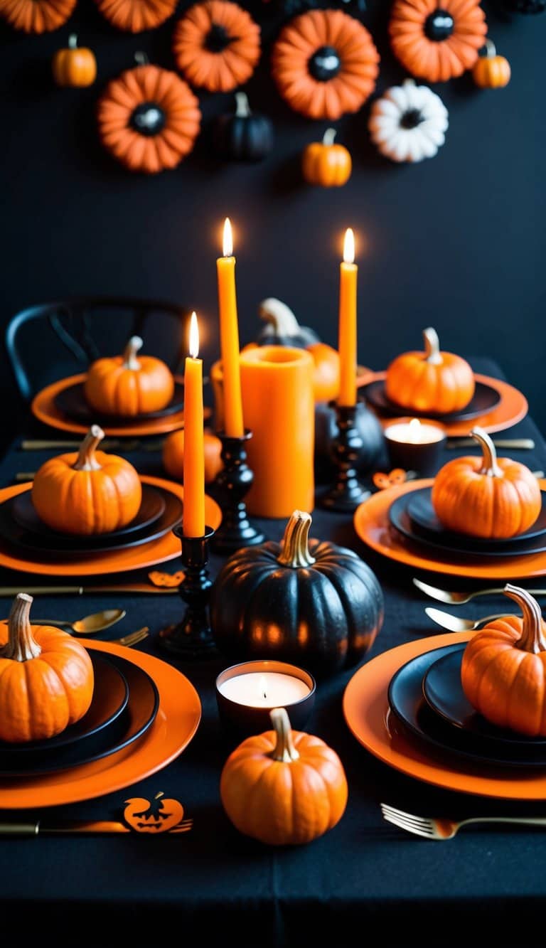 A festive Halloween tablescape with orange and black decor, including pumpkins, candles, and spooky accents