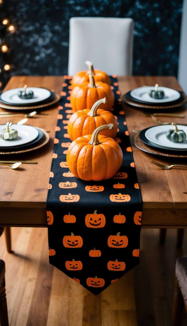 An orange and black table runner adorned with pumpkin spice motifs set on a Halloween-themed tablescape