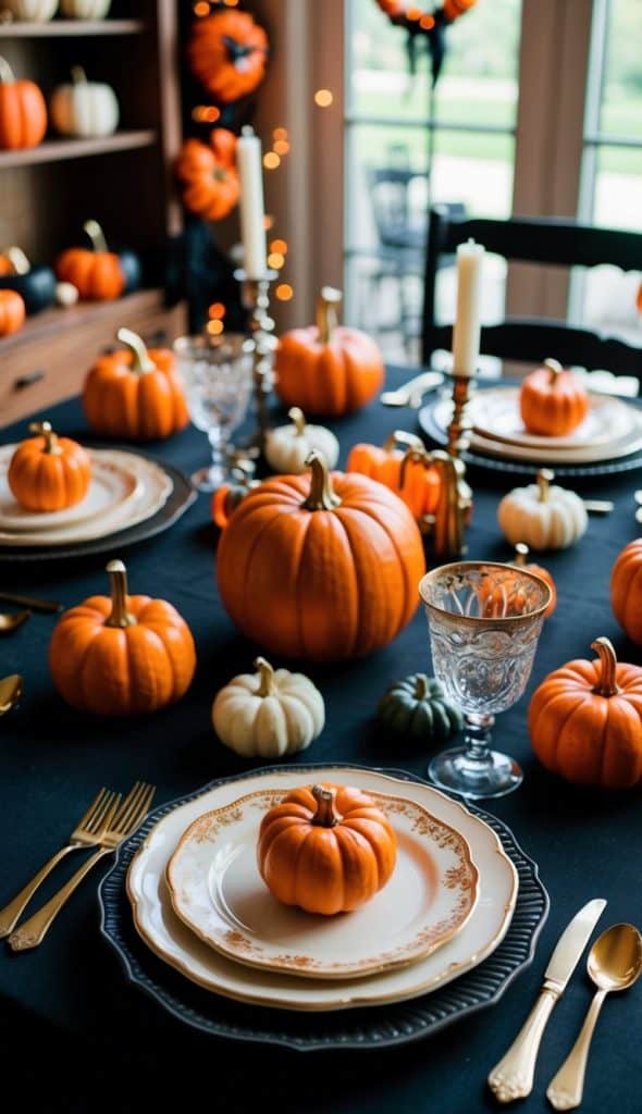 A dining table is set with plates, glasses, gold-colored cutlery, and decorated with various orange and white pumpkins for a festive autumn or Halloween theme.