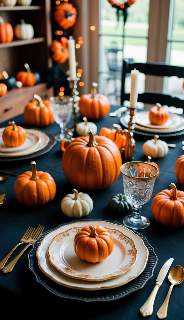 A dining table is set with plates, glasses, gold-colored cutlery, and decorated with various orange and white pumpkins for a festive autumn or Halloween theme.