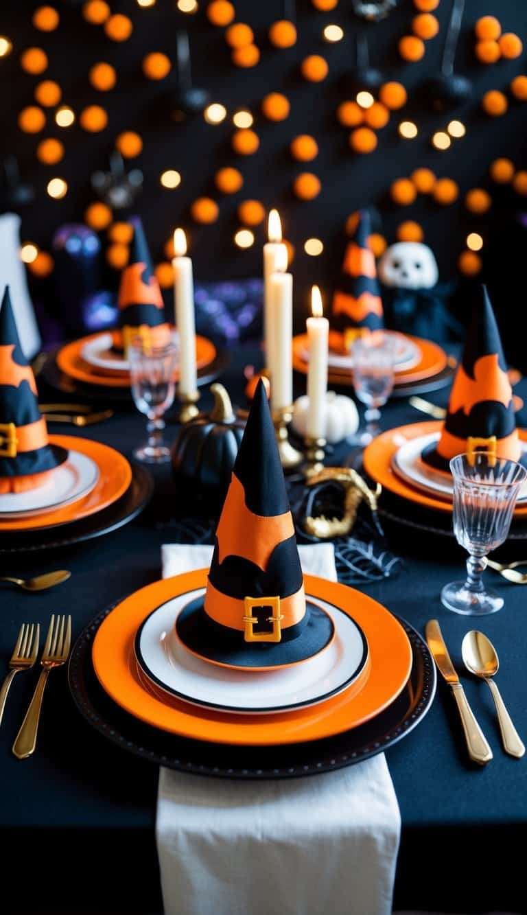 A festive Halloween table set with witch hat napkin rings in orange and black, surrounded by spooky decorations and themed tableware