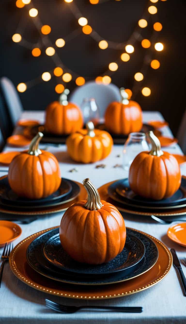A festive Halloween tablescape with orange glass pumpkin jars as centerpieces