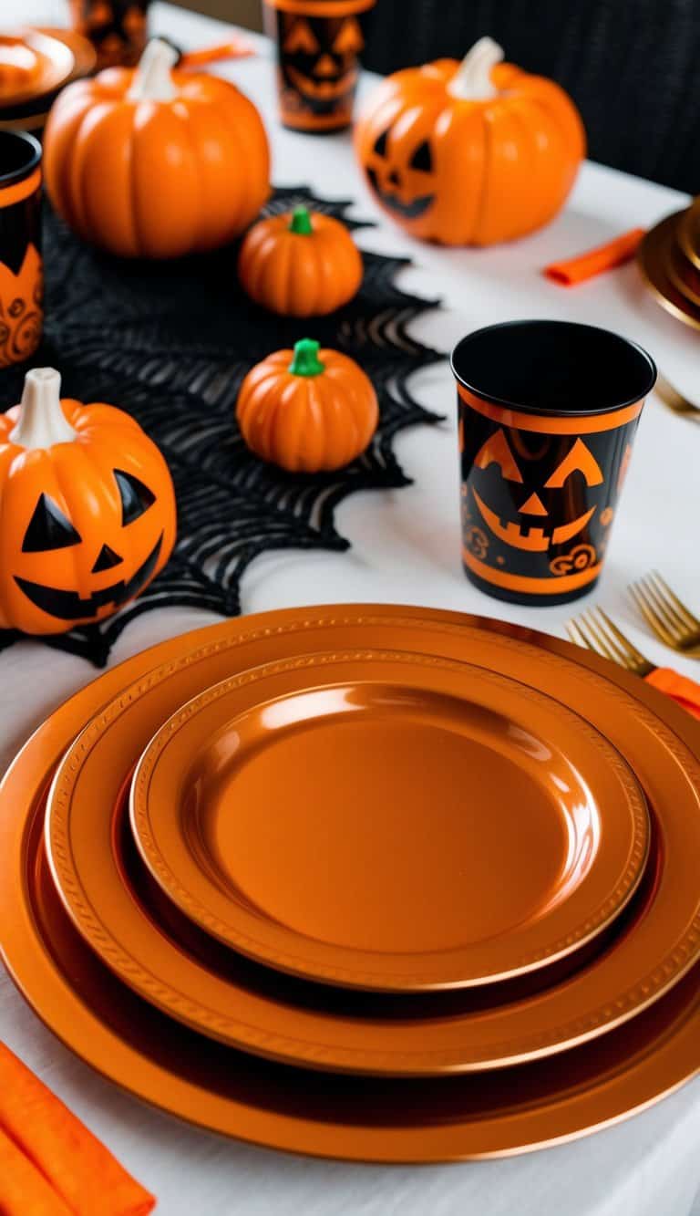 A table set with metallic orange charger plates, surrounded by Halloween-themed decorations in orange and black