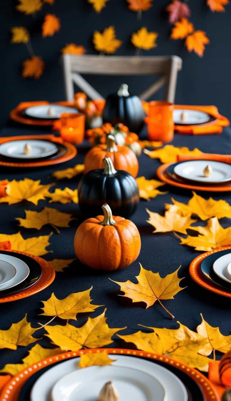 Golden leaves scattered on a Halloween-themed table with orange and black decor