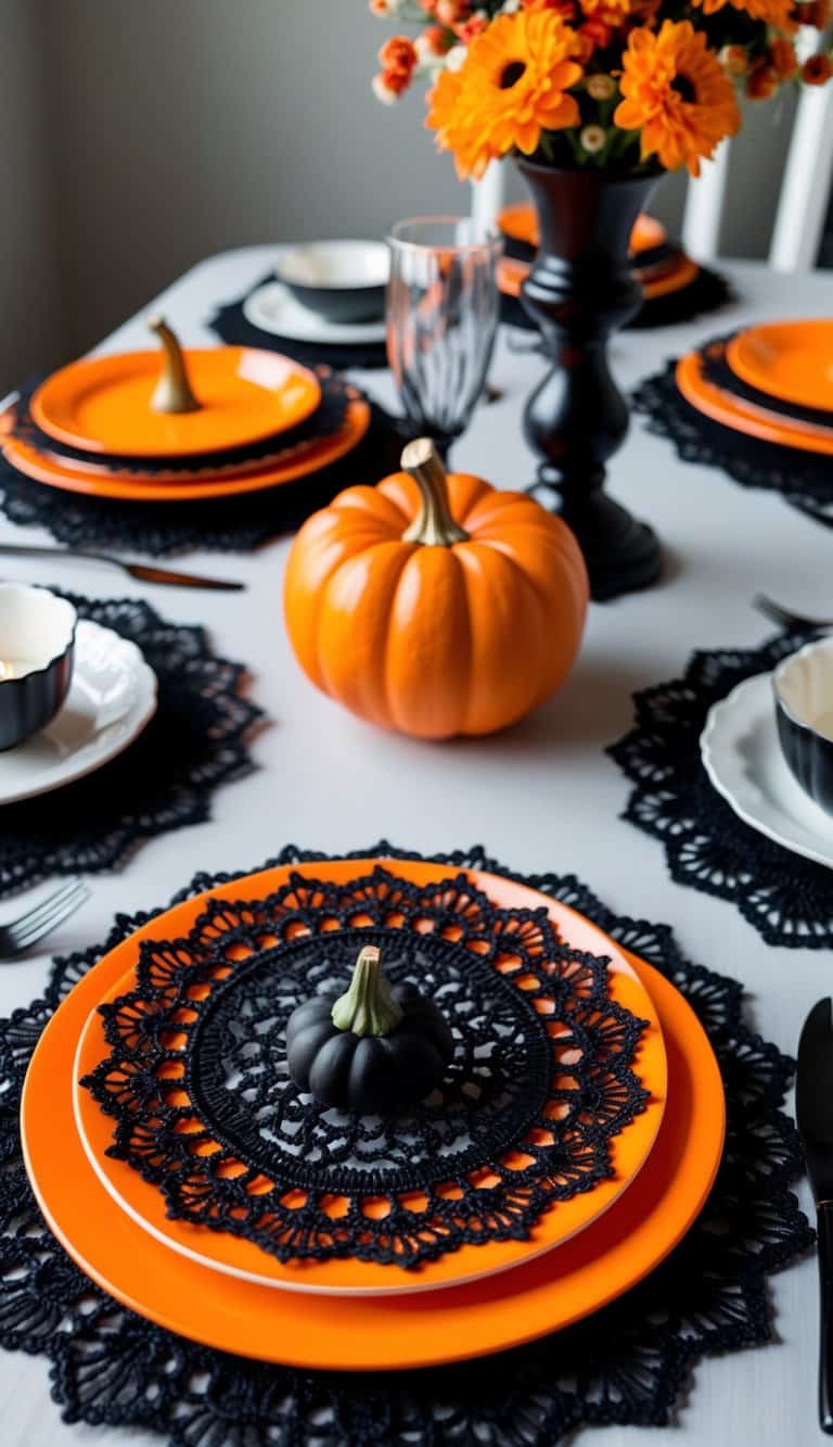A Halloween table set with black lace doily coasters, orange and black decor