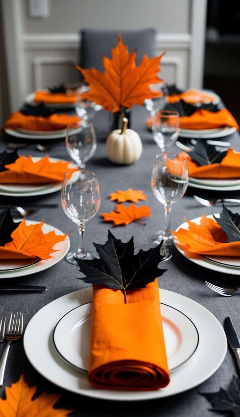 A table set with orange and black napkin ties made of maple leaves, creating a festive Halloween tablescape
