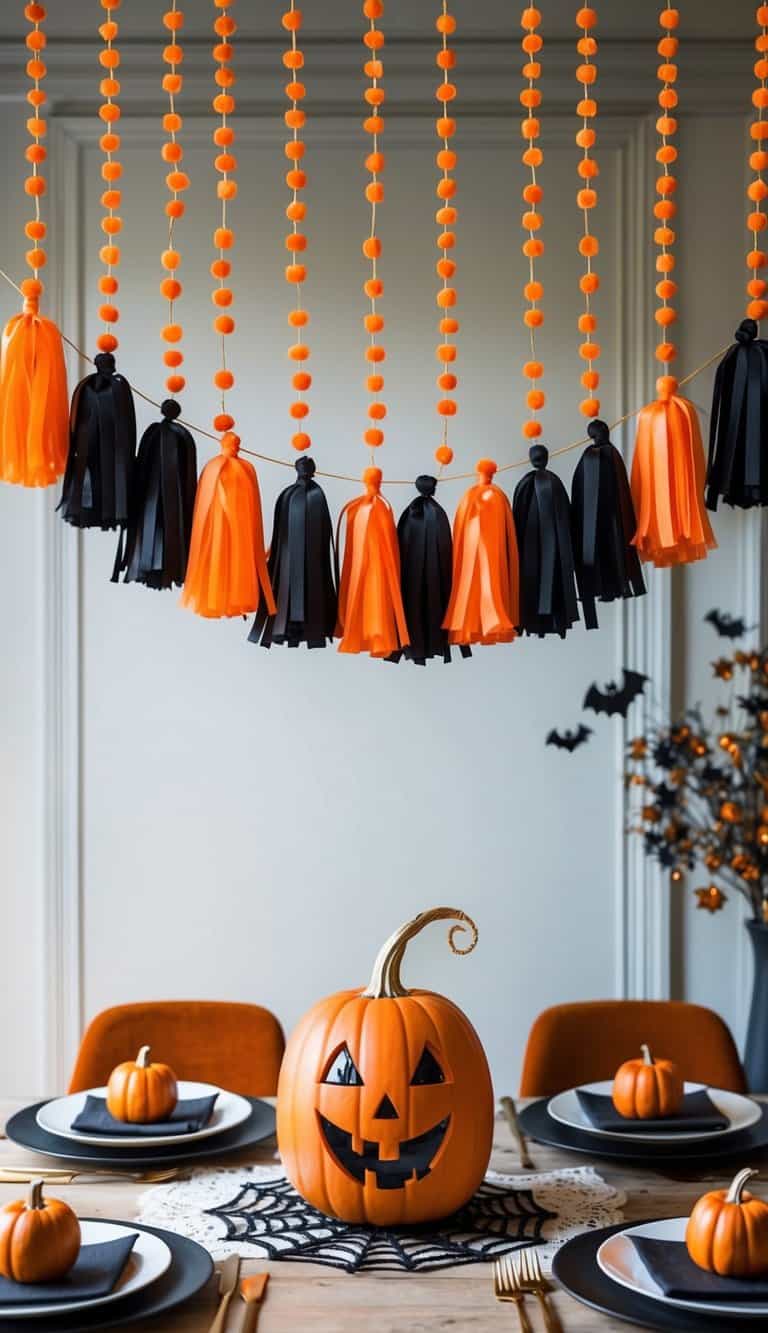A festive tassel garland in orange and black hangs above a Halloween-themed tablescape with 50 unique ideas