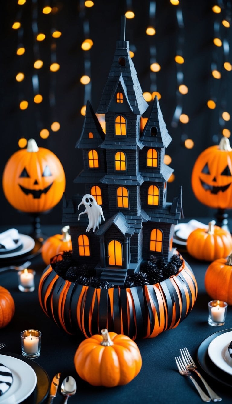 A spooky haunted house centerpiece surrounded by 50 orange and black Halloween-themed table decorations