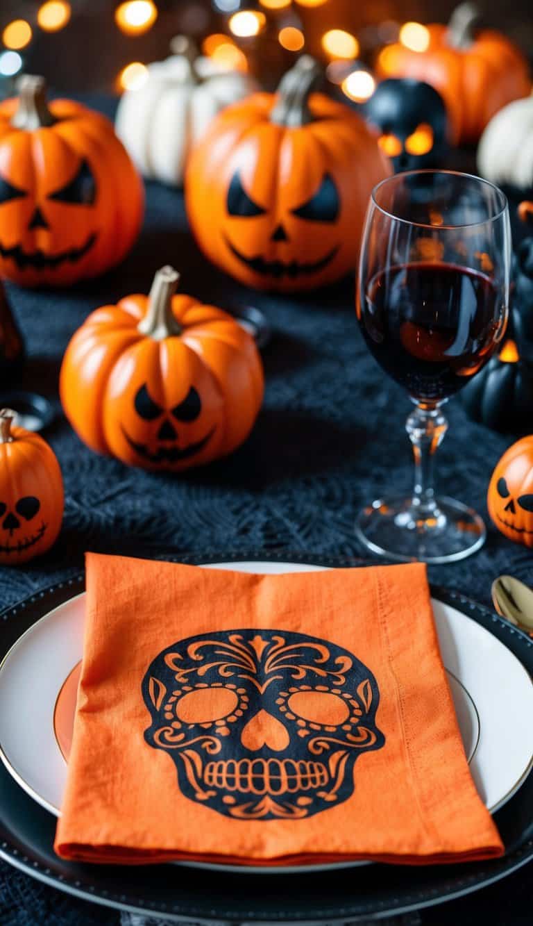 A festive Halloween tablescape with skull-printed table napkins in orange and black