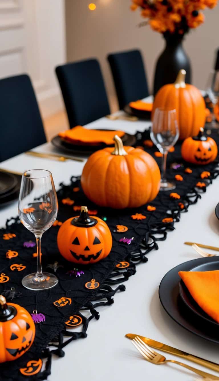 A table set with Halloween-themed wine charms and a variety of orange and black decorations for a festive tablescape