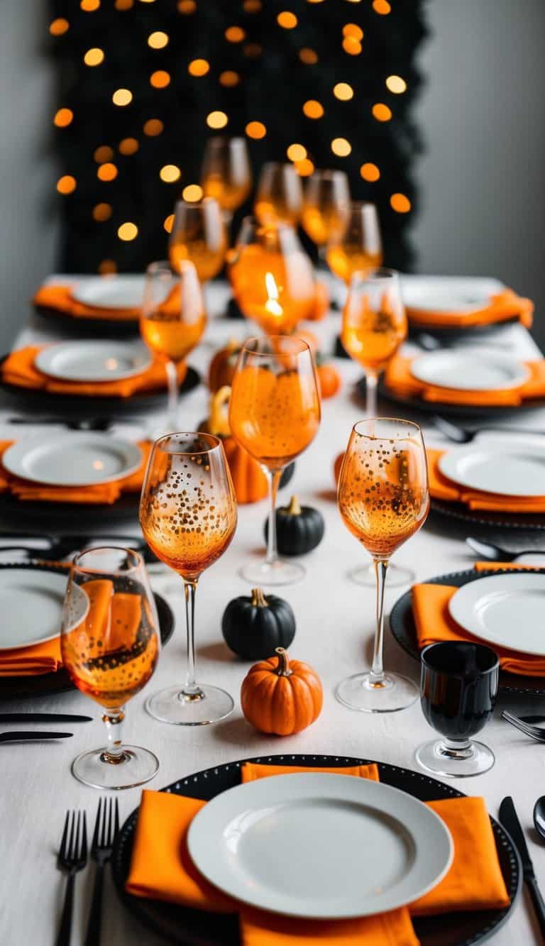 A table set with sparkling orange wine glasses, surrounded by 50 Halloween-themed tablescape ideas in orange and black