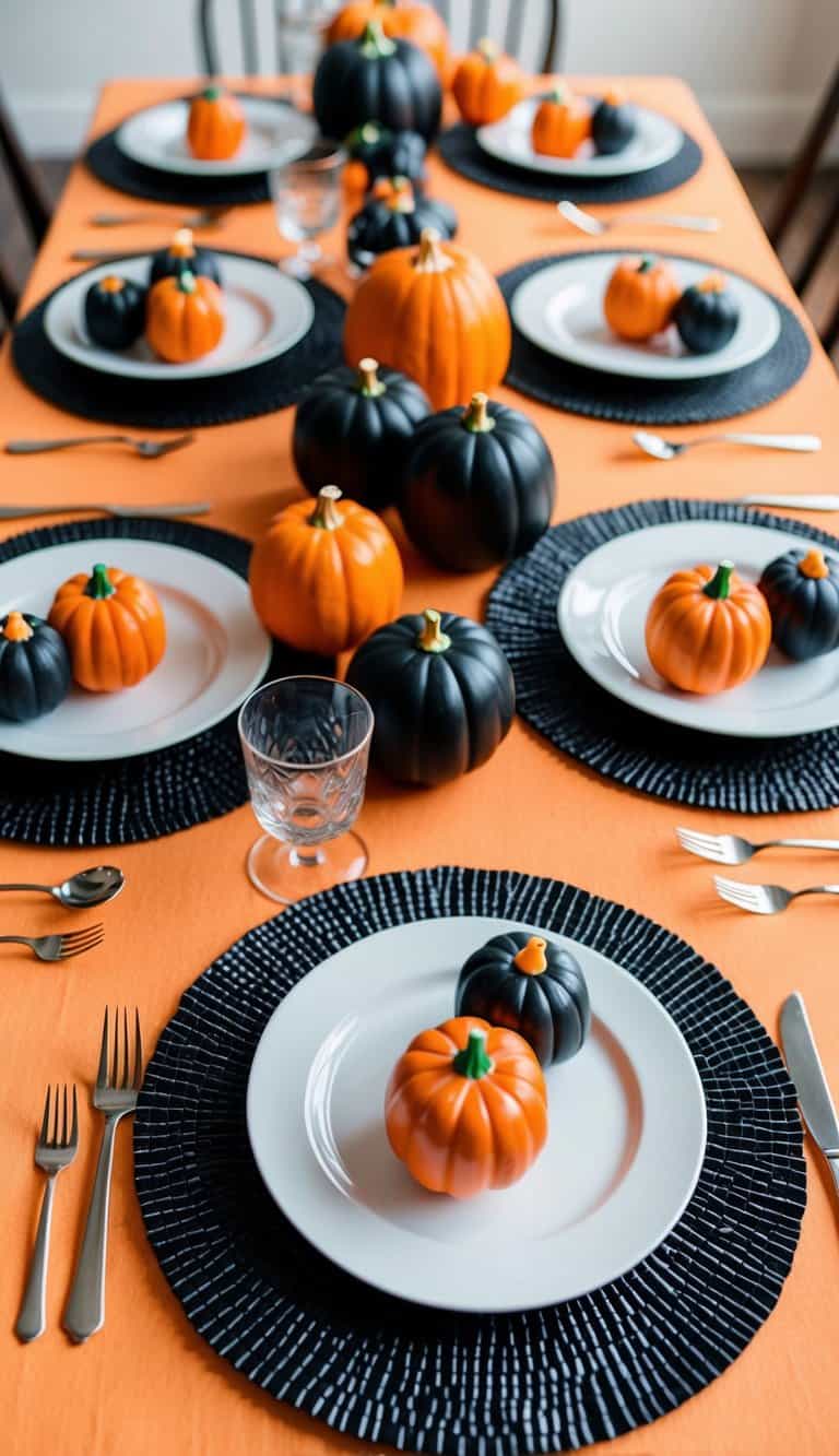 A table set with black textured placemats, adorned with 50 orange and black Halloween decorations
