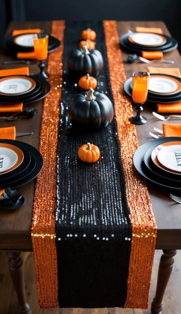 A dining table set with black and orange plates, napkins, and glasses, featuring a black and orange sequin table runner and black and orange pumpkins as a centerpiece.