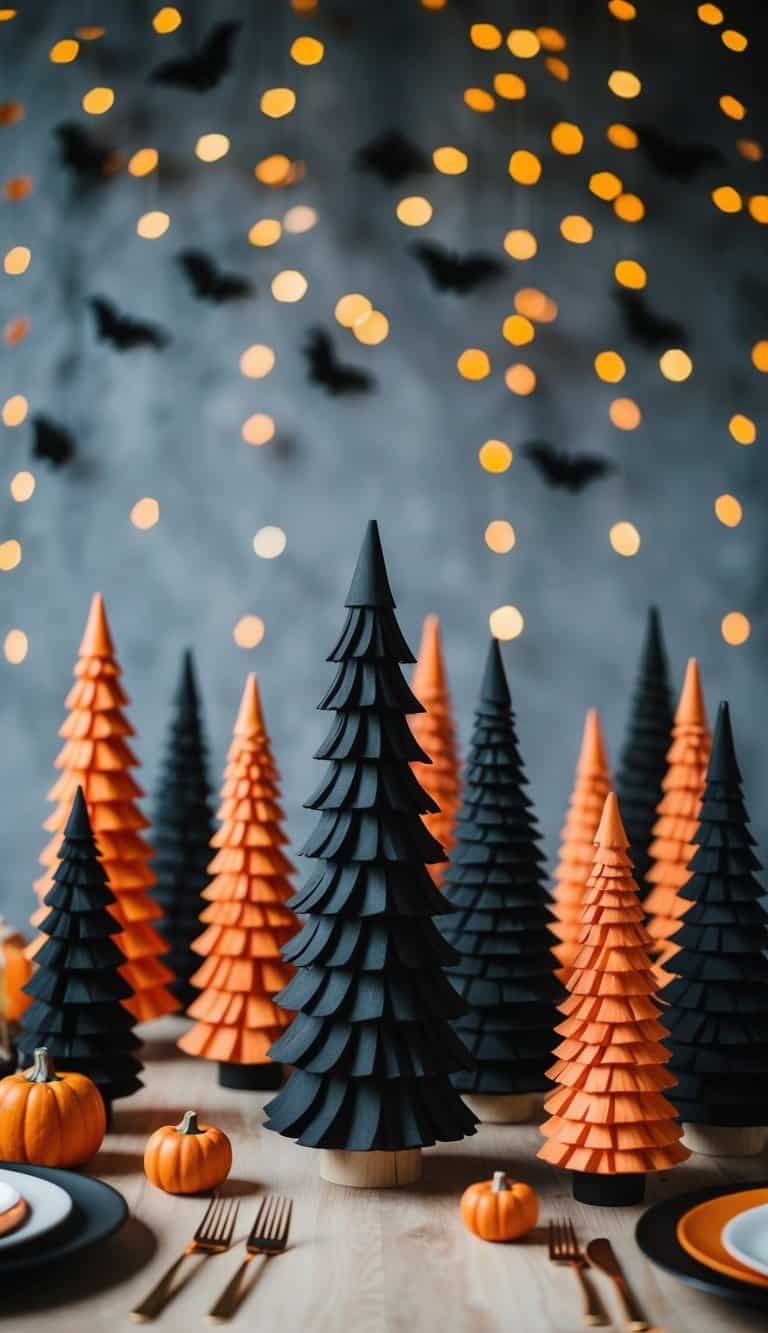A whimsical forest of tabletop trees in shades of orange and black, creating a spooky yet enchanting Halloween tablescape