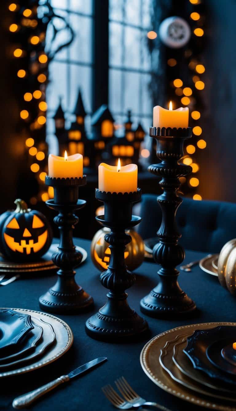 A dark, eerie table with gothic candle holders, surrounded by whimsical Halloween decor