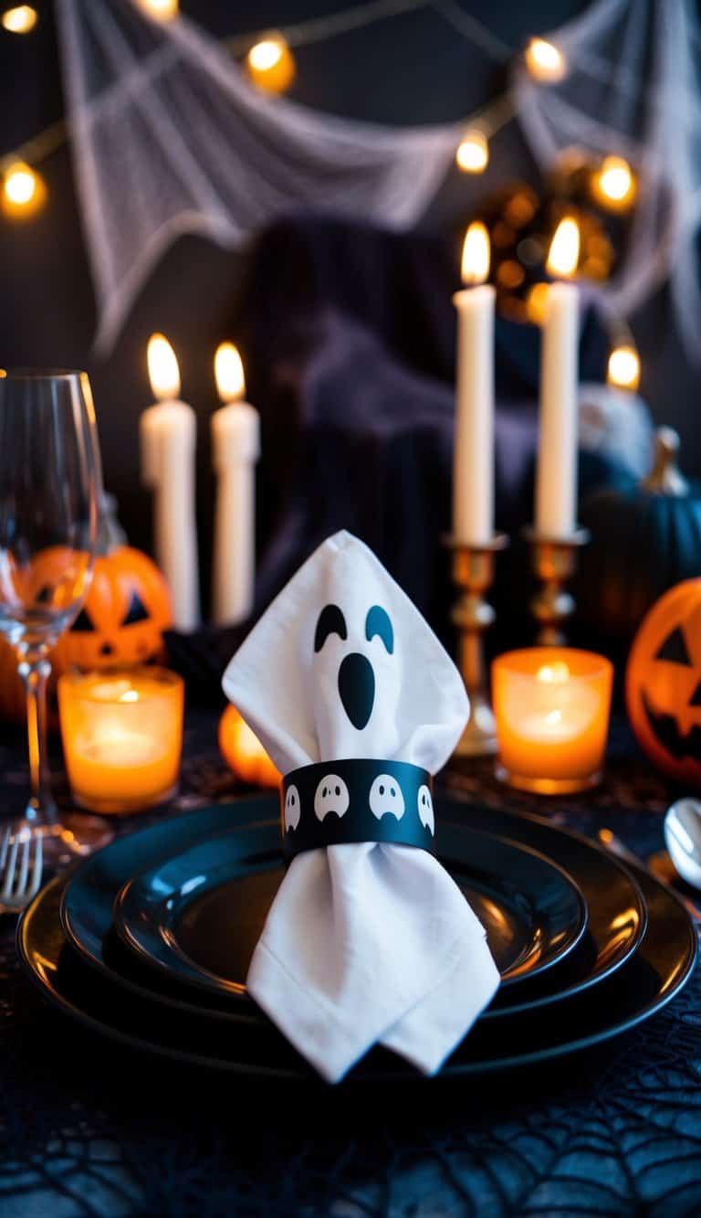 A spooky Halloween tablescape with ghost-shaped napkin rings, set against a backdrop of eerie decorations and flickering candlelight