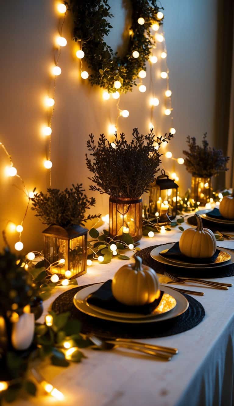 Fairy light garlands adorn a Halloween tablescape, casting a whimsical glow over the enchanting scene