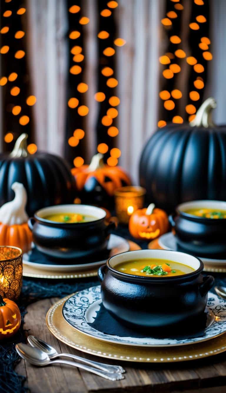 A table set with cauldron soup bowls, surrounded by whimsical Halloween decor