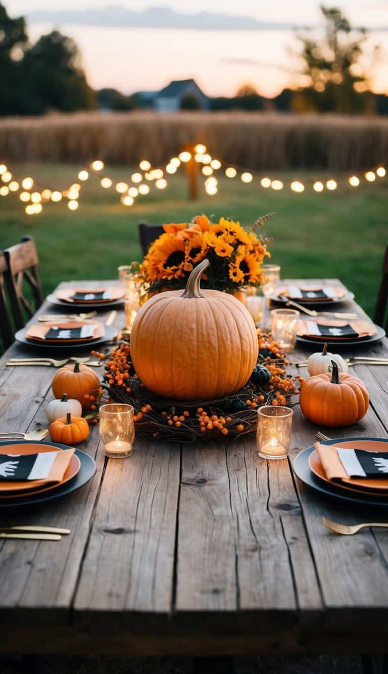 A rustic wooden table adorned with a Harvest Moon centerpiece, surrounded by whimsical Halloween decor and twinkling fairy lights