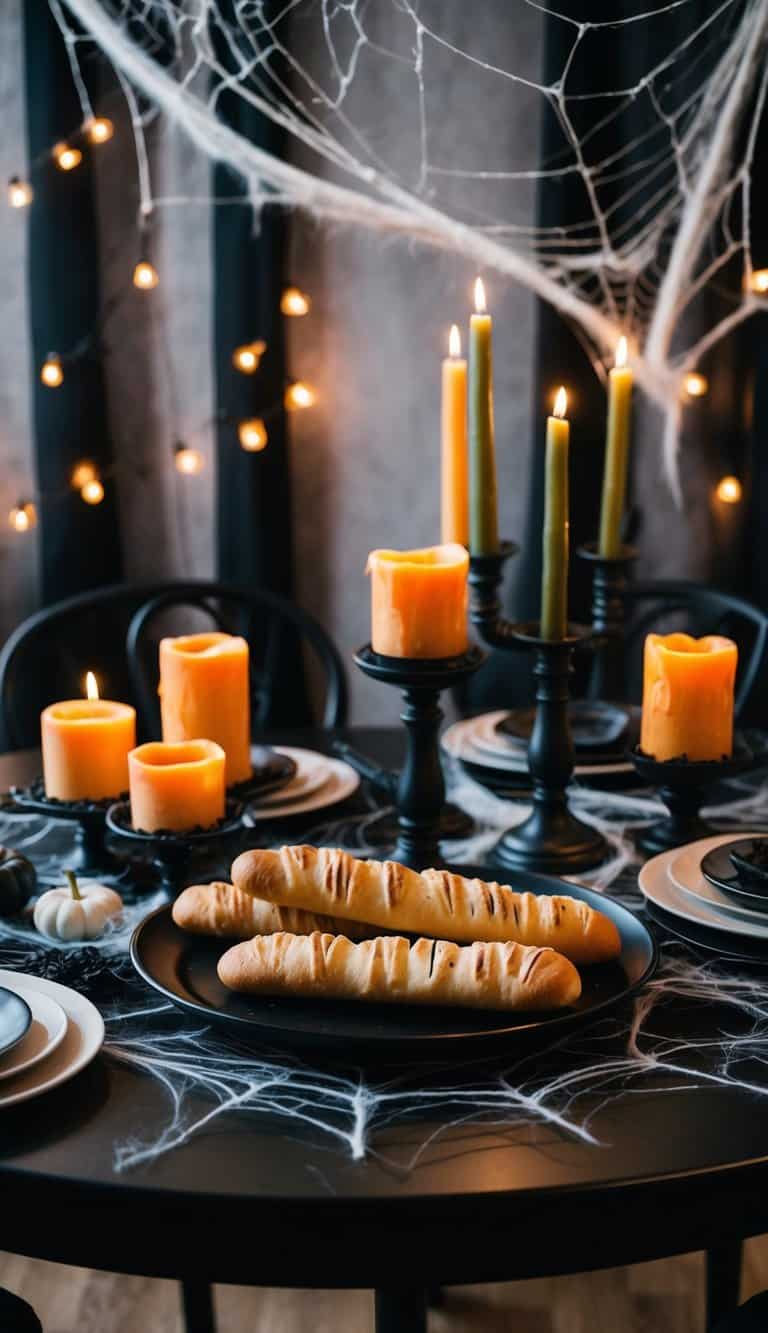 A spooky table adorned with mummified breadsticks, cobwebs, and eerie candles for a whimsical Halloween tablescape