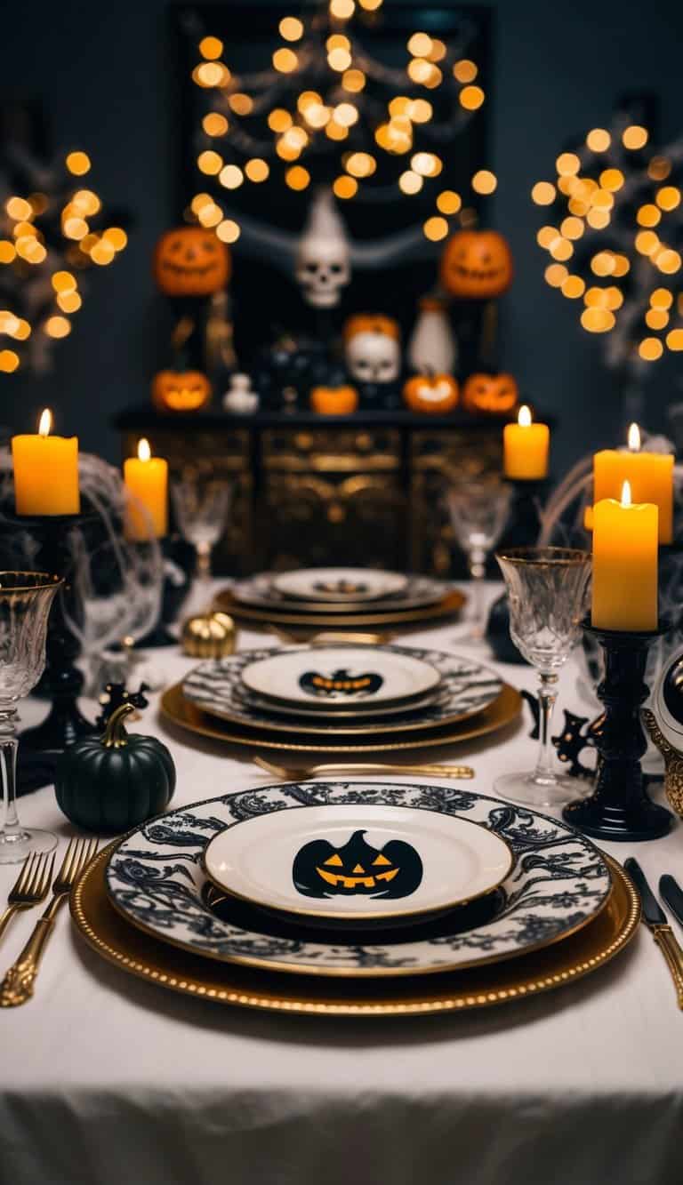A grand dining table adorned with haunted elegance dinnerware, surrounded by whimsical Halloween decor and flickering candlelight