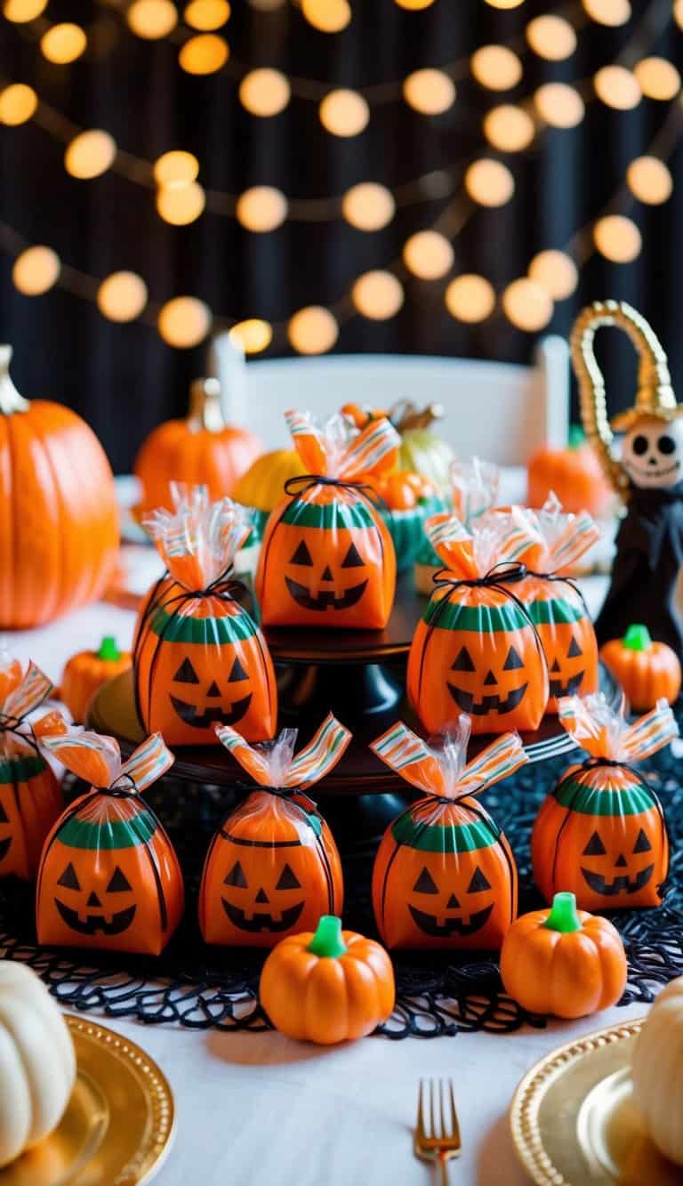 A table adorned with 50 candy pumpkin favor bags, surrounded by whimsical Halloween decorations