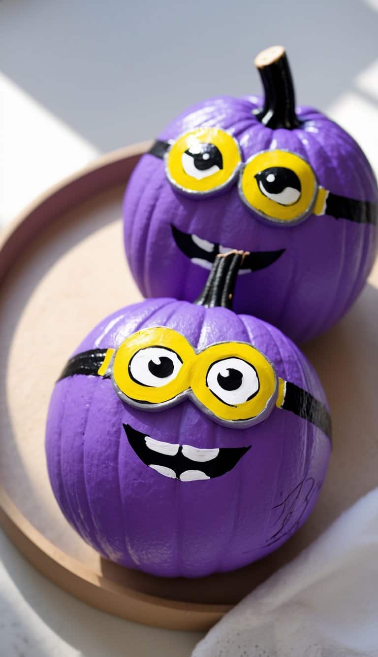 One to two pumpkins painted with purple minion faces placed on a tabletop under soft daylight.