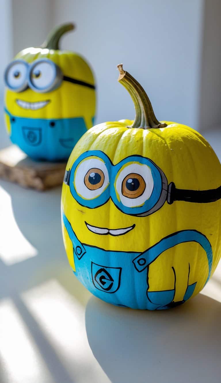 Close-up of one to two pumpkins painted as Minions wearing sunglasses on a tabletop.