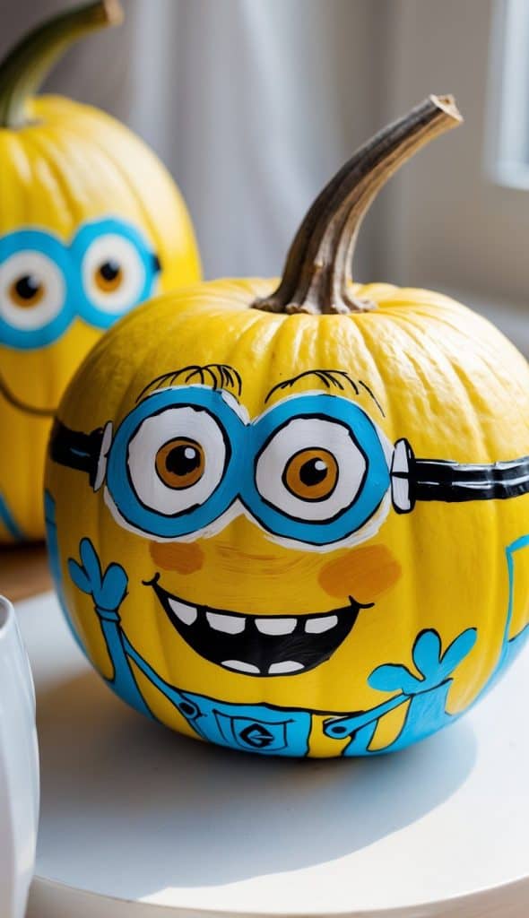 A yellow pumpkin painted to look like a Minion, featuring large eyes, blue goggles, and a smiling mouth. Another similarly painted pumpkin is partially visible in the background.