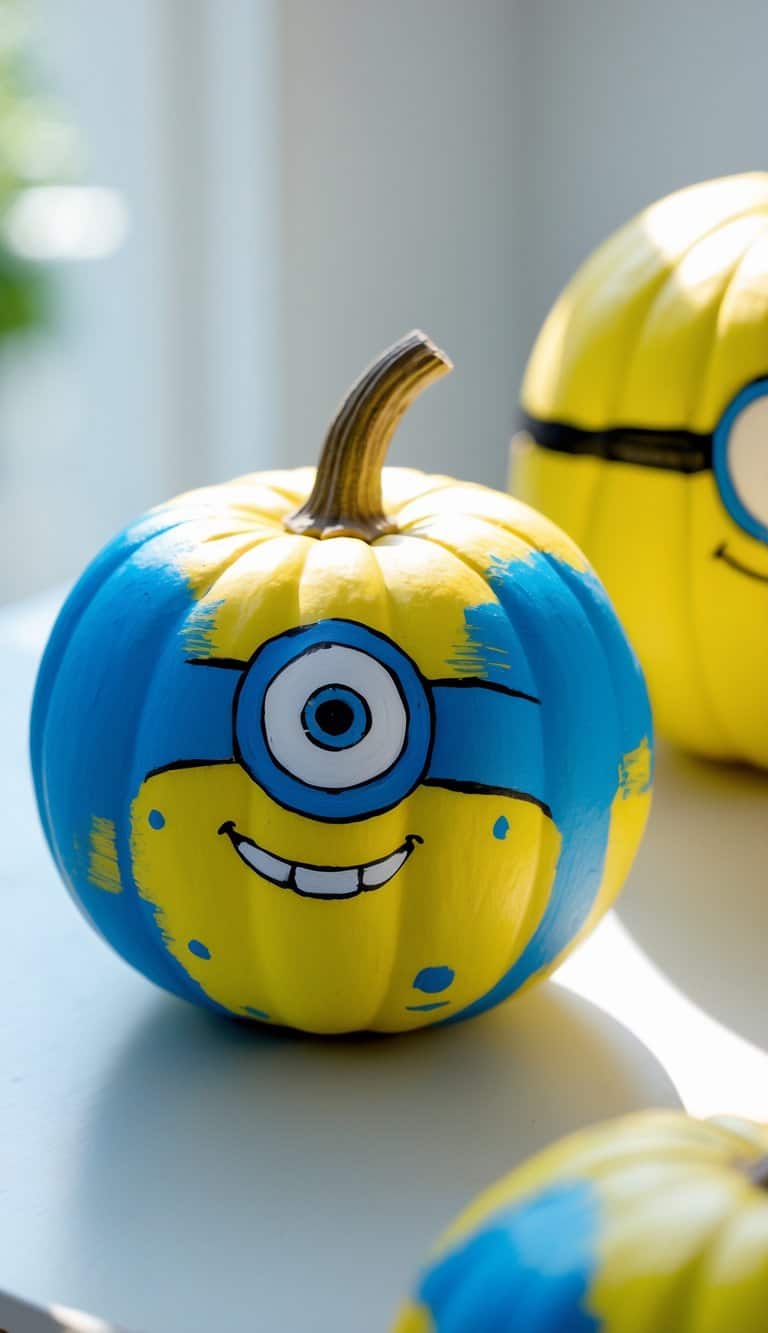 One to two pumpkins painted with blue gradient and Minion-inspired designs on a clean tabletop.