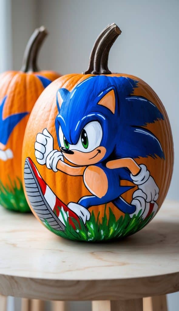 A pumpkin with a detailed painting of Sonic the Hedgehog running, displayed on a wooden table.