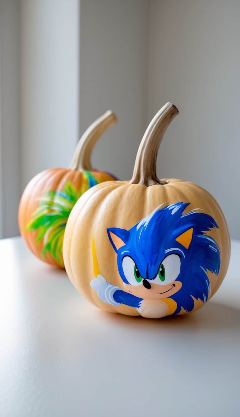 Close-up of one to two pumpkins painted with colorful Sonic the Hedgehog quills on a clean tabletop.