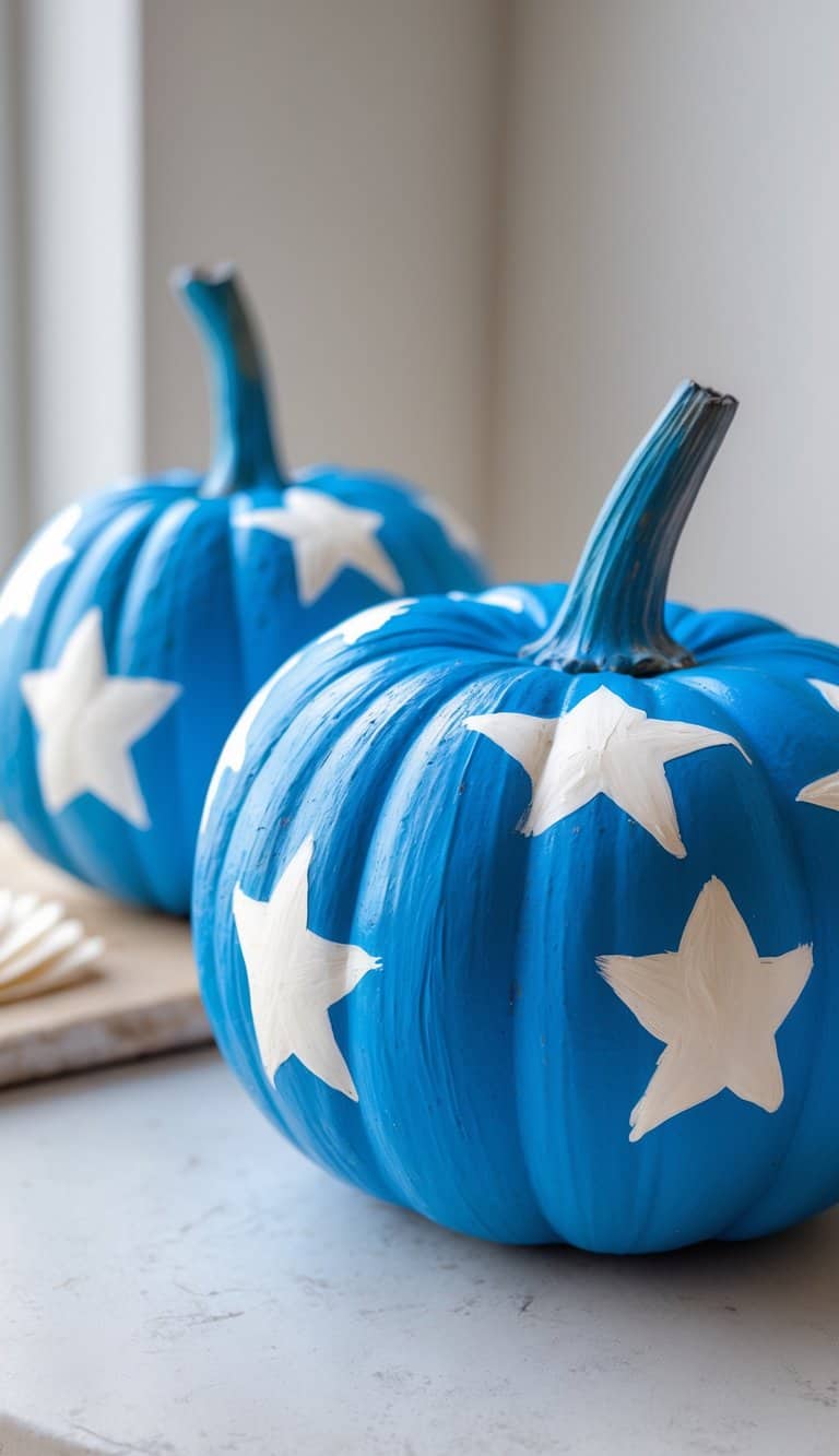 Close-up of one or two blue pumpkins painted with white stars on a tabletop.