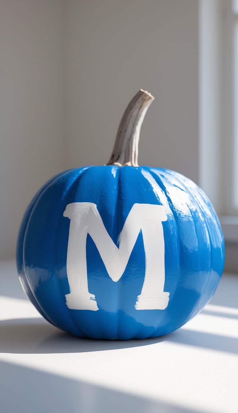 A close-up of a pumpkin painted bright blue with a white letter M on it, sitting on a tabletop with soft natural light.