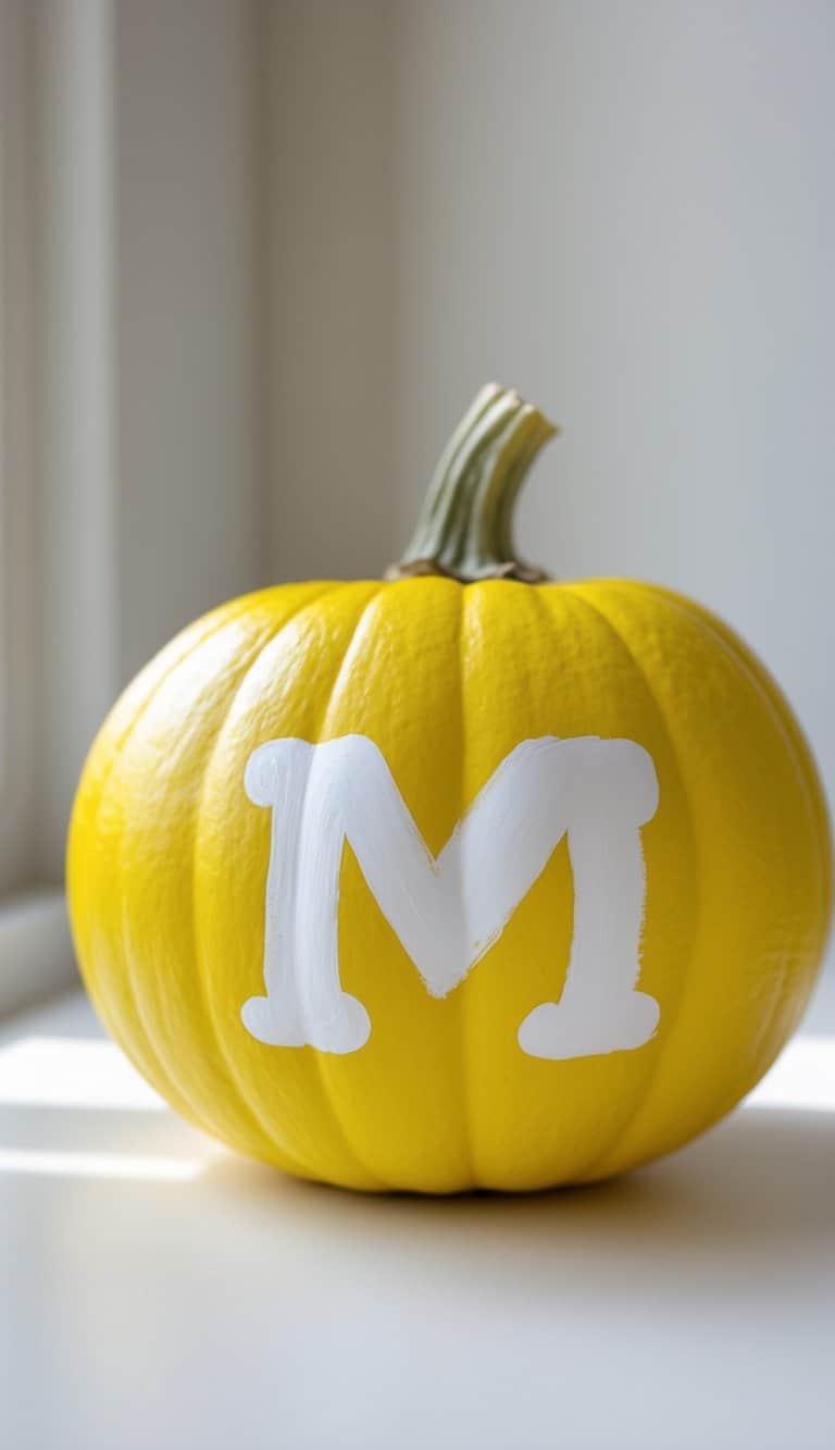 A yellow pumpkin painted with a white lowercase 'm' on a tabletop with soft daylight.