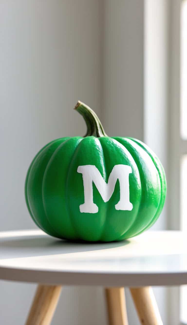 A green pumpkin painted with a white lowercase 'm' on a clean tabletop.