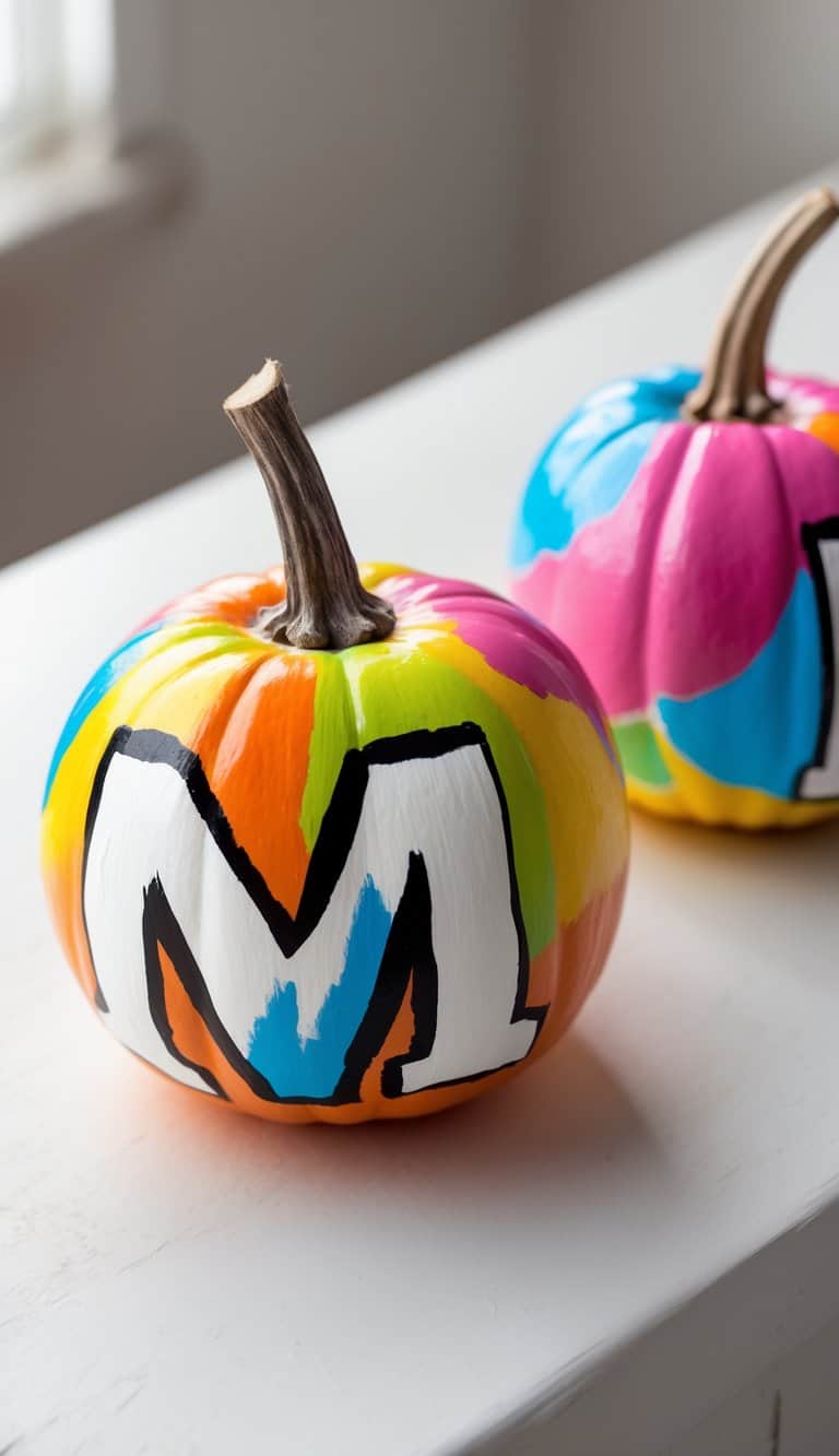 Close-up of one or two small pumpkins painted with colorful designs and bold white letters outlined in black, placed on a clean tabletop.