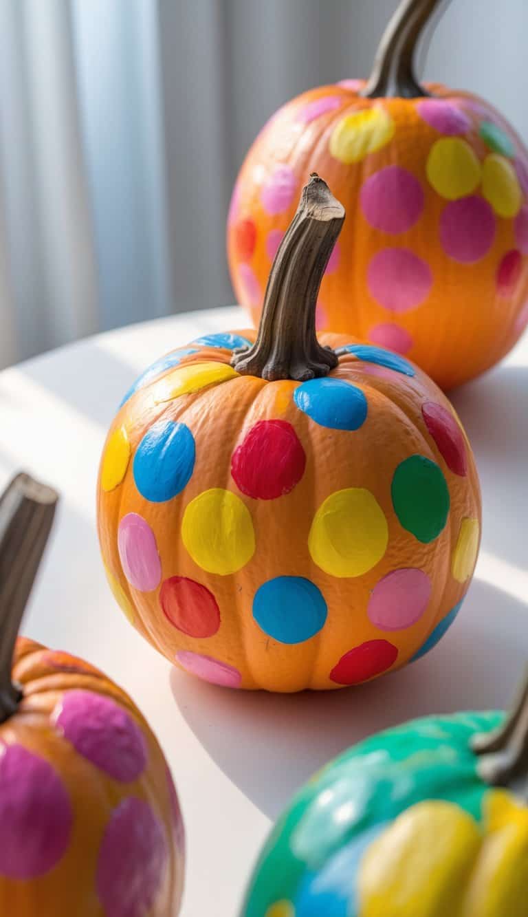 Close-up of one or two pumpkins painted in bright colors with playful patterns on a clean tabletop.