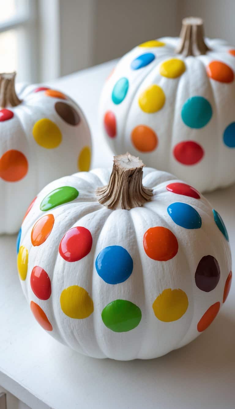 One to two white pumpkins painted with colorful dots arranged like candy M&Ms on a clean tabletop.