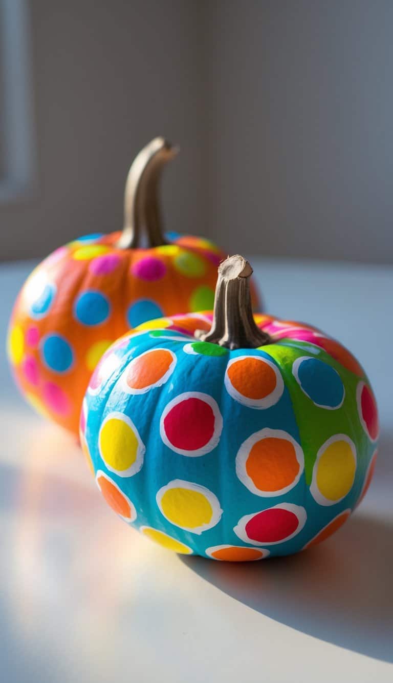 Close-up of one or two small pumpkins painted with bright neon colors and playful dot patterns, placed on a clean tabletop.
