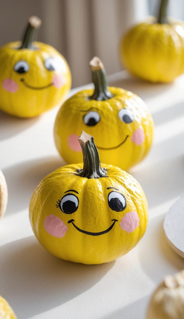 Close-up of one to two small pumpkins painted bright yellow with blush cheeks, resembling yellow M&M candies, placed on a clean tabletop.