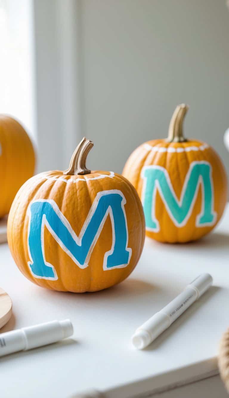 One to two small pumpkins painted with colorful 'm' designs on a tabletop with soft daylight and a clean background.
