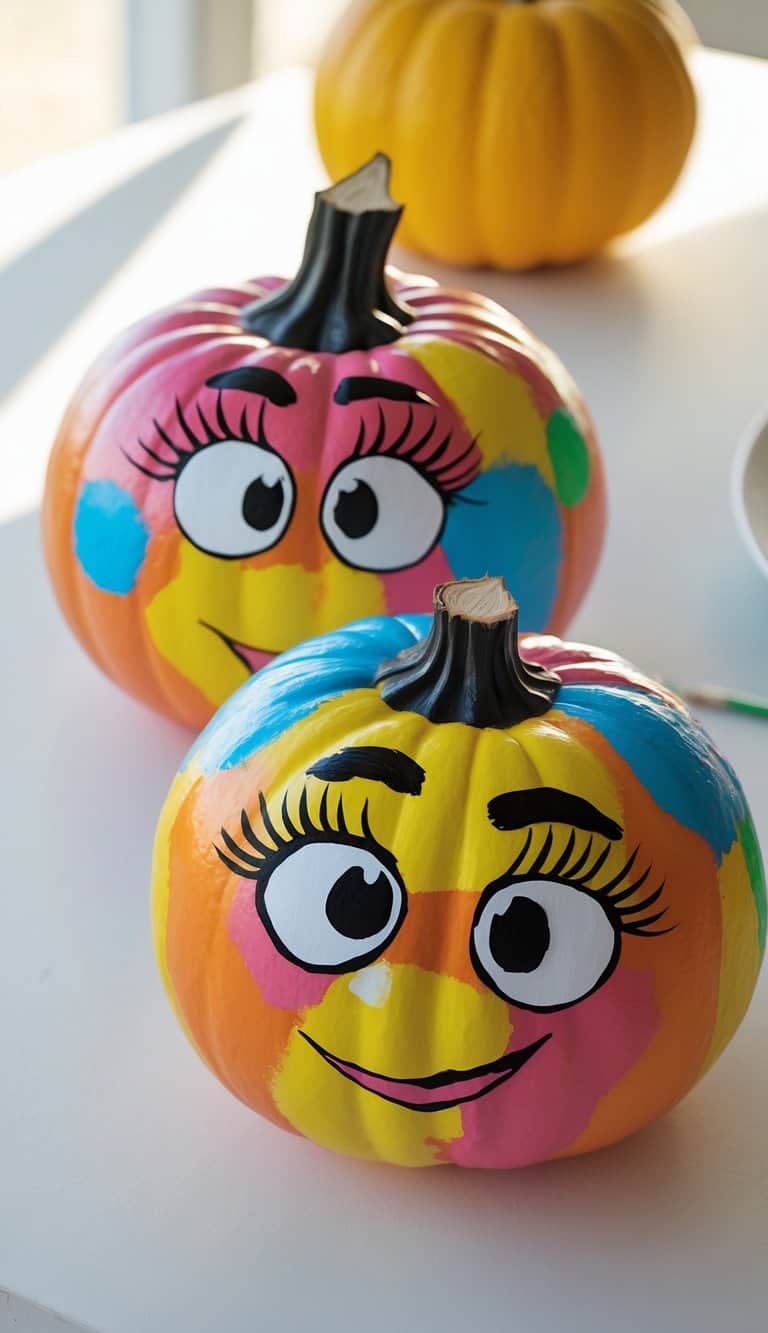 Close-up of one or two painted pumpkins on a tabletop, decorated with colorful M&M character designs including eyelashes.