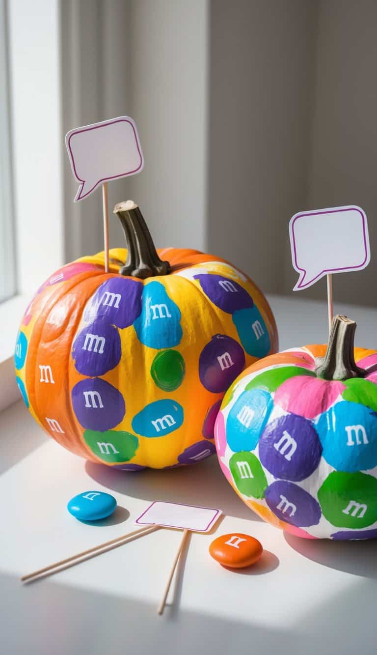 One to two brightly painted pumpkins resembling M&M candies with small speech bubbles on sticks placed beside them on a tabletop.
