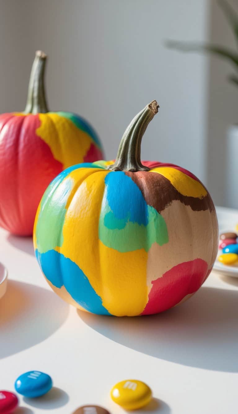 One to two pumpkins painted with colorful gradient patterns inspired by M&M candy colors, displayed on a simple tabletop.