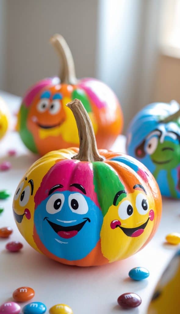 Three pumpkins are painted with colorful cartoon faces, surrounded by scattered M&M candies on a white surface.