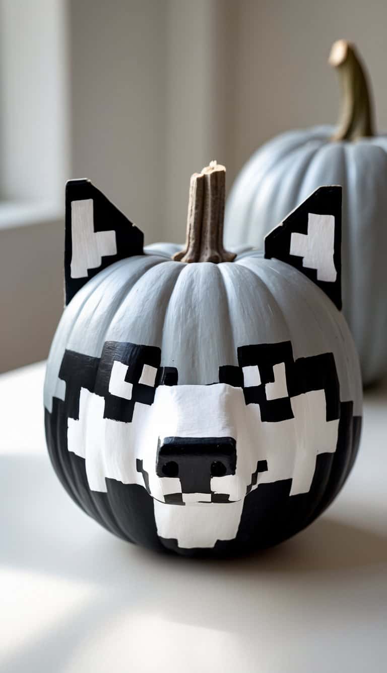 A pumpkin painted with a pixelated black, white, and gray wolf face design, featuring pointed ears, sits on a light surface with another painted pumpkin in the background.