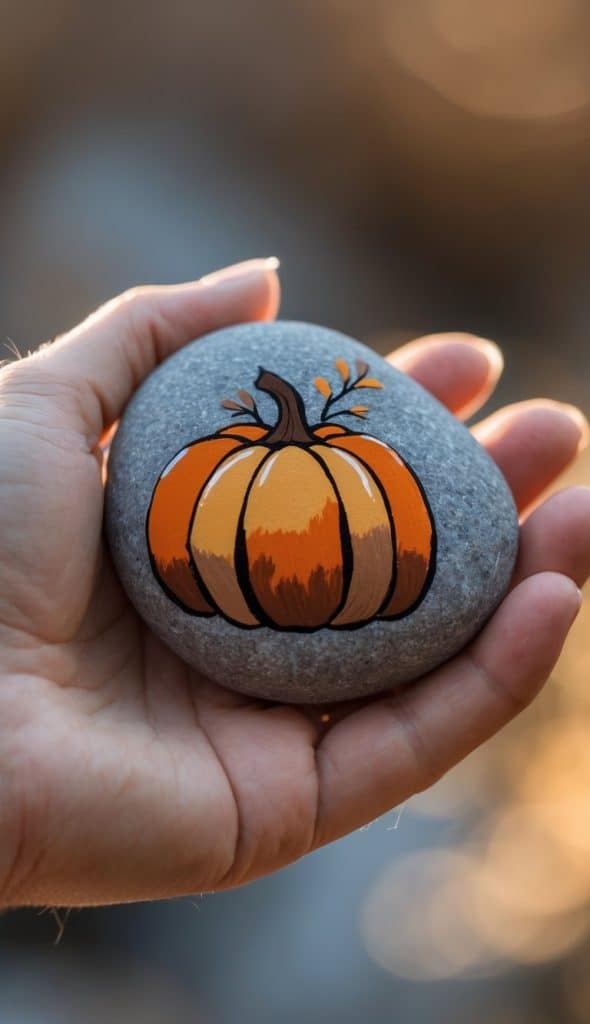 A hand holding a smooth gray stone with a painted orange pumpkin design on its surface.